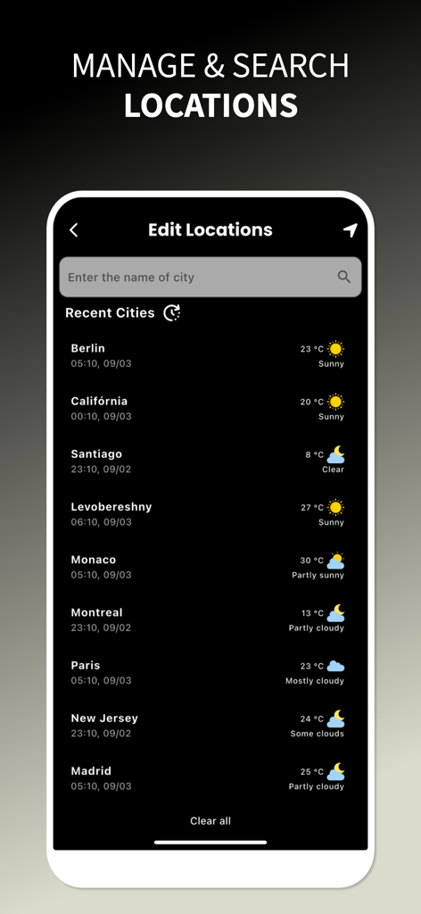 Local Weather Today: Real-Time - リアルタイムの気象データを含む、複数の都市の場所の管理と検索のためのLocal Weather Todayアプリ画面。