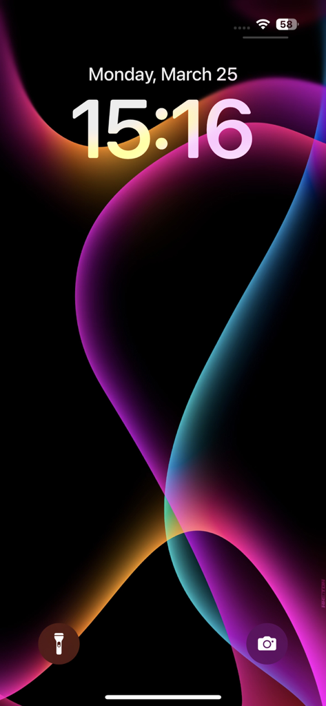 iPhone lock screen showing a vibrant neon abstract wave wallpaper in purple and blue
