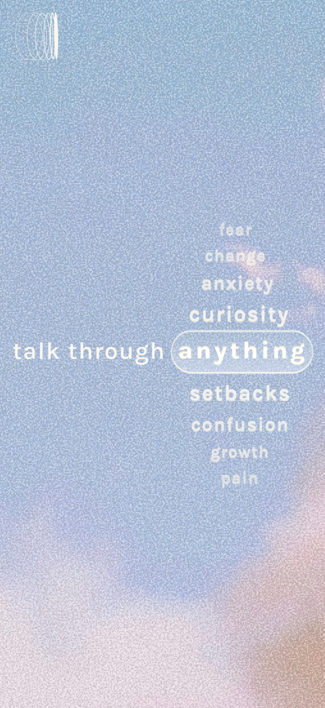 부드러운 파란색 배경에 '무엇이든 이야기하세요'라는 문구와 두려움, 불안, 성장과 같은 단어들로 둘러싸인 알라 앱 스크린샷