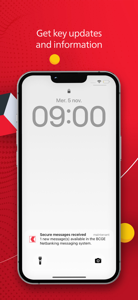 An iPhone lock screen showing a secure message notification from the BCGE Mobile Netbanking app.
