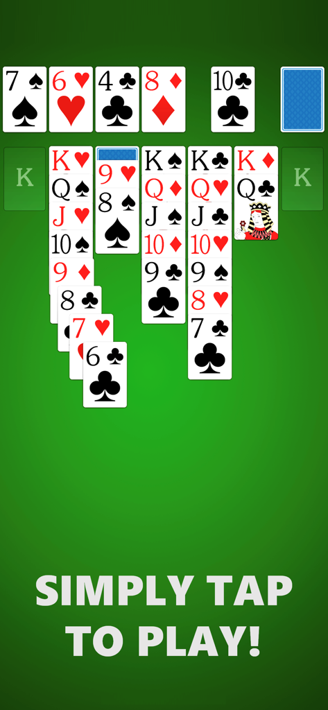 Klondike Solitaire Card Games - Captura de pantalla del juego de cartas Solitario Klondike con un fondo verde y cartas grandes fáciles de leer.