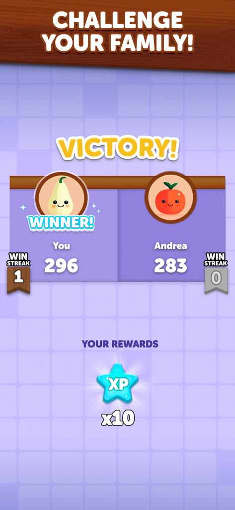 A victory screen in Word Wise showing a win against an opponent with XP rewards and scores.