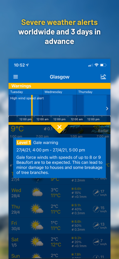 WeatherPro App mit Unwetterwarnungen und Windwarnungen