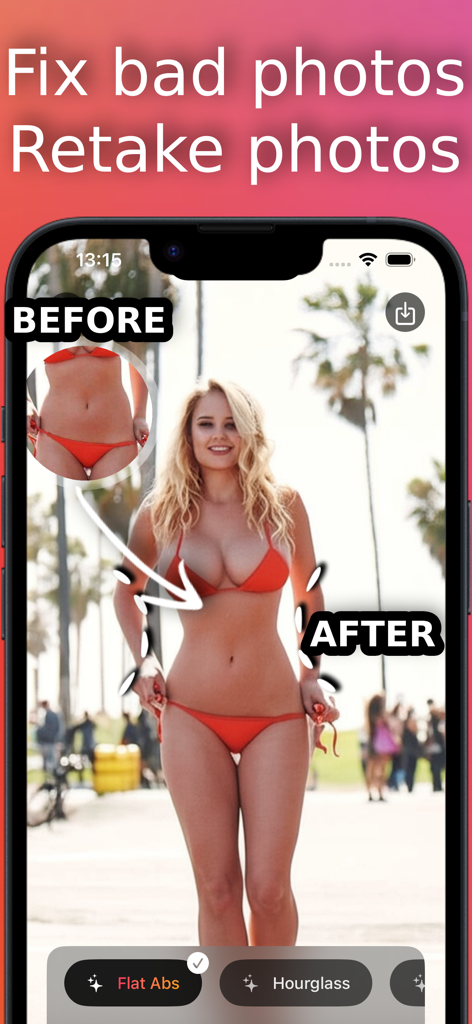 Body Editor Ai - Beauty Camera - A before and after comparison of body reshaping using the Body Editor Ai app to achieve a slimmer waist and hourglass figure.