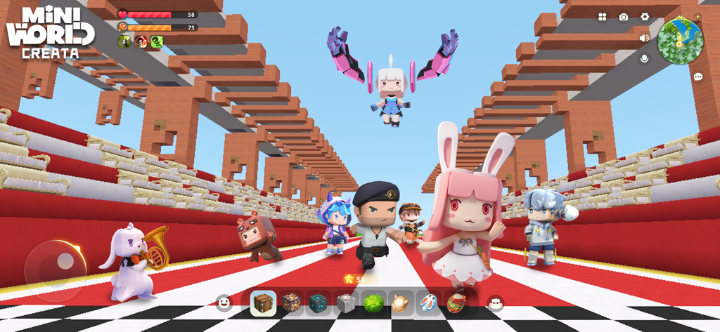 Personagens Chibi em um estádio em blocos dentro do jogo Mini World