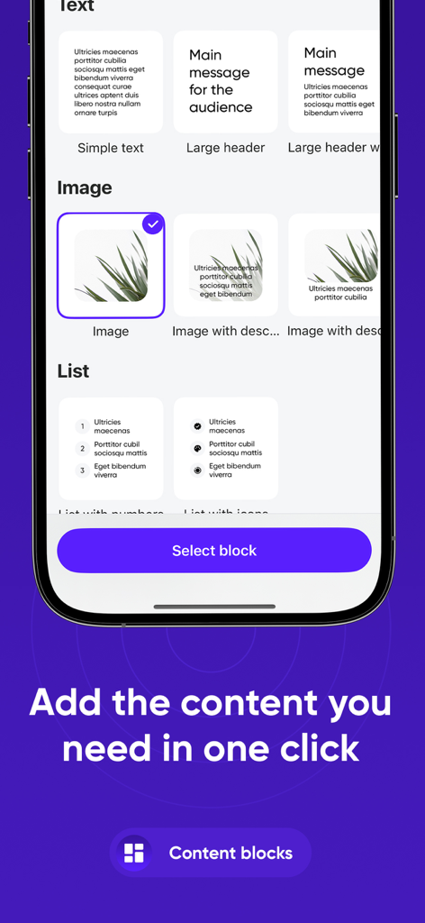 Interface of the Slidey app showing a variety of text image and list content blocks for building presentation slides.