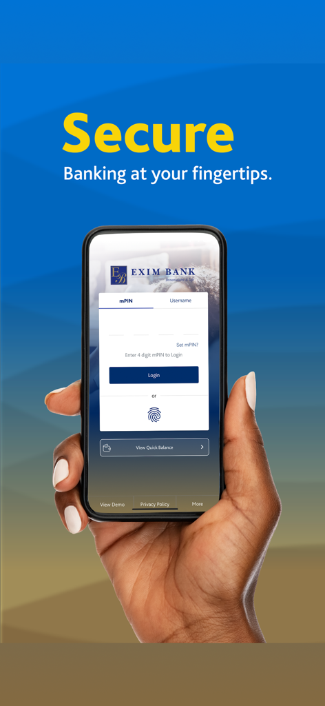 Exim Online Banking - Personal - A hand holding a smartphone displaying the secure mPIN and biometric login screen of the Exim Online Banking Personal app