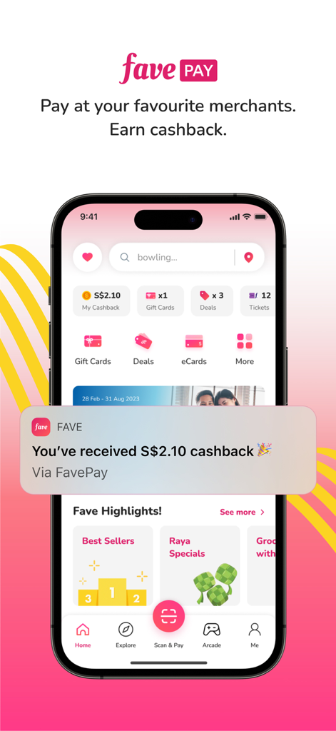 Smartphone displaying the Fave app interface with a notification for received cashback via FavePay.