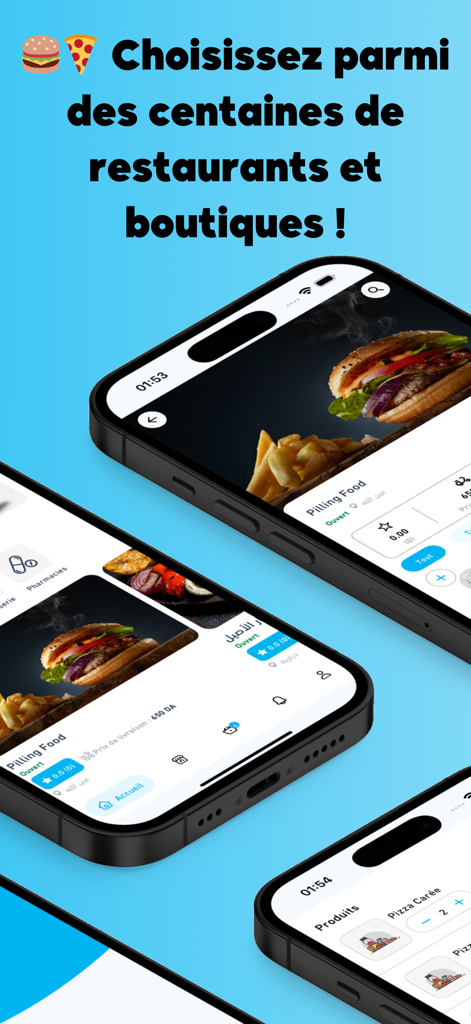 Fel'7in - Fel7in app displaying restaurant and shop delivery options on mobile screens.