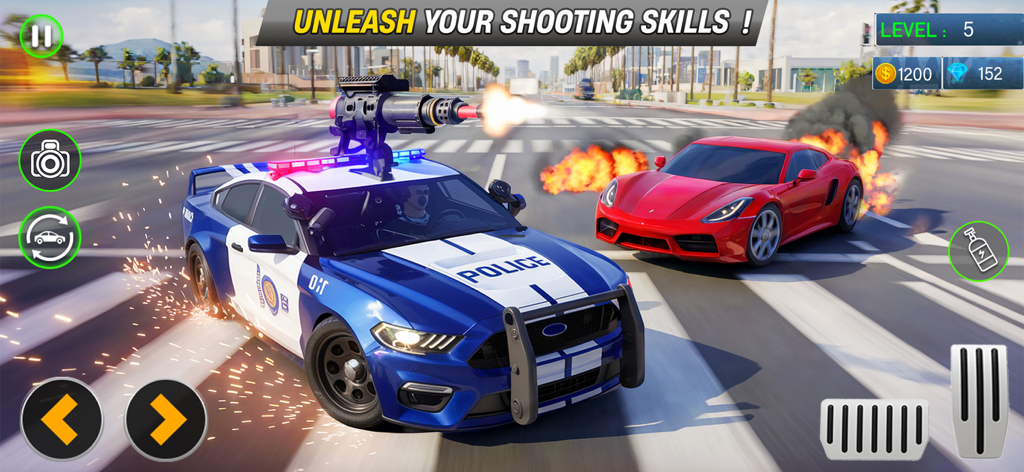 City Police War - Car Games 3D - Coche de policía con una ametralladora disparando a un coche deportivo rojo en llamas durante una persecución en una calle de la ciudad