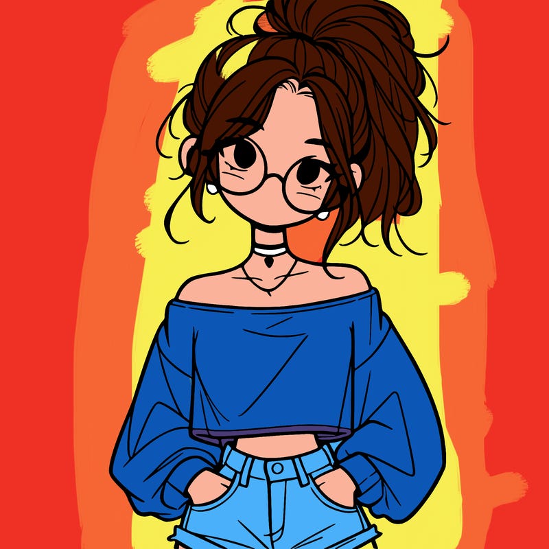 girl with a messy ponytail glasses a baggy crop top and jean shorts
