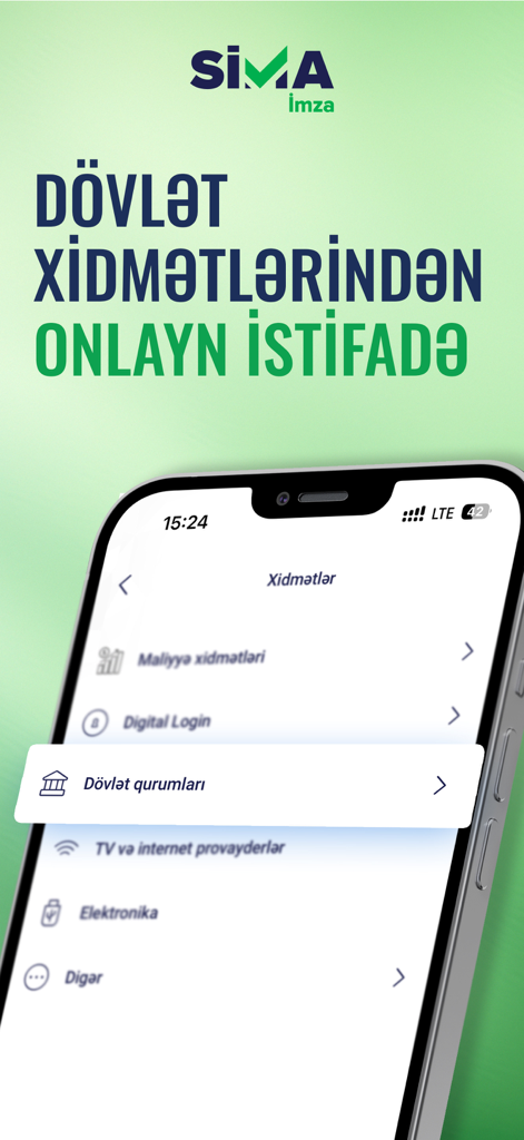 SİMA - Rəqəmsal İmza - SİMA mobile app interface showing categories for online government and financial services