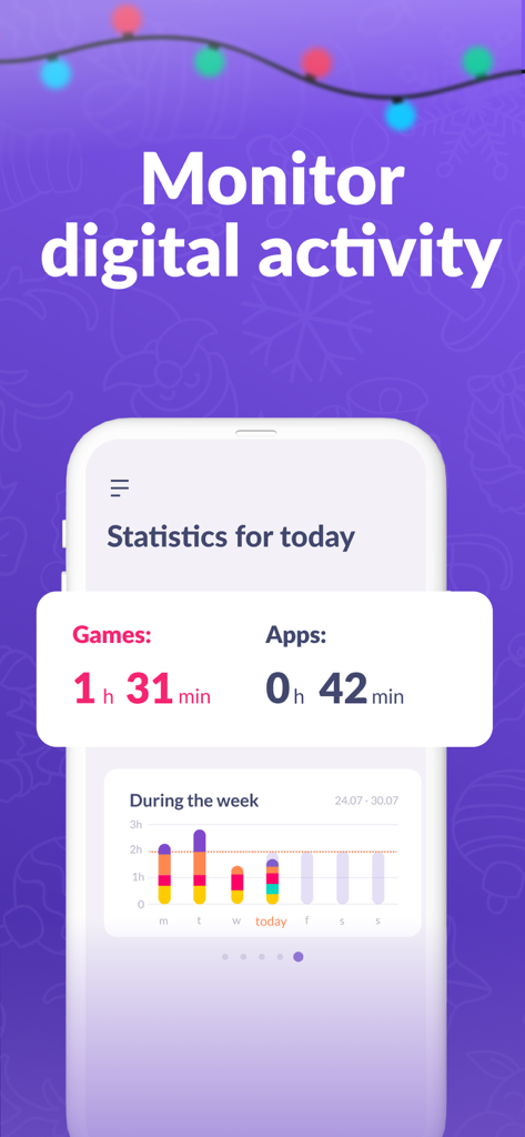 Parental Control App Kids360 - Kids360 app interface showing daily and weekly screen time statistics for games and apps