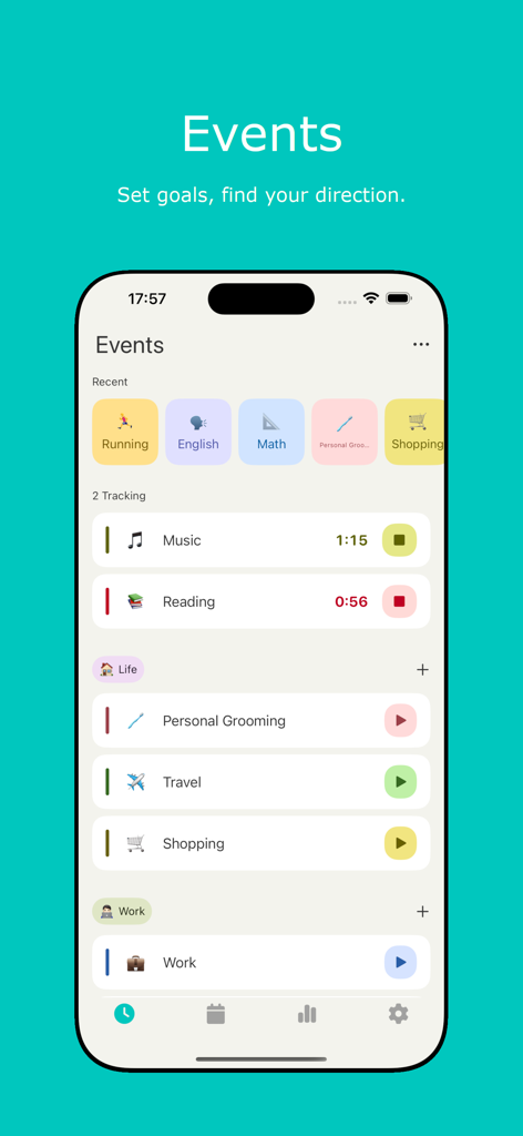 Hours: Time Log & Work Tracker - Interfaz de la aplicación móvil de Horas que muestra eventos activos de seguimiento de tiempo y objetivos categorizados como trabajo y vida.
