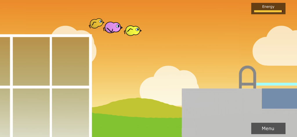 Three colorful ducks training their flying skills in a sunset setting