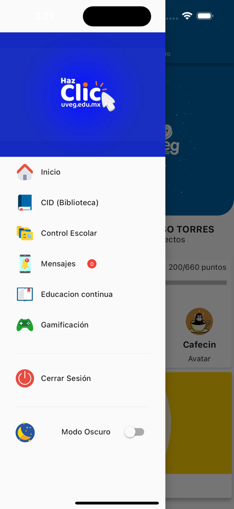 Side navigation menu of the Campus Virtual UVEG mobile application showing student options like Library and School Control