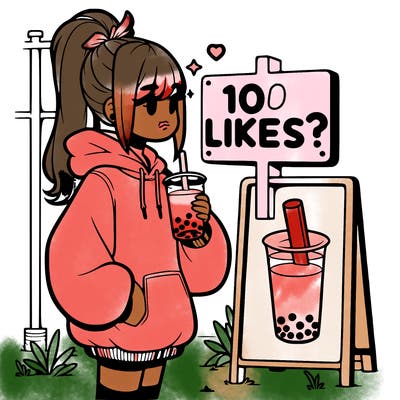girl with oversized hoodie drinking boba and she has a high ponytail with a sign that says 10likes?