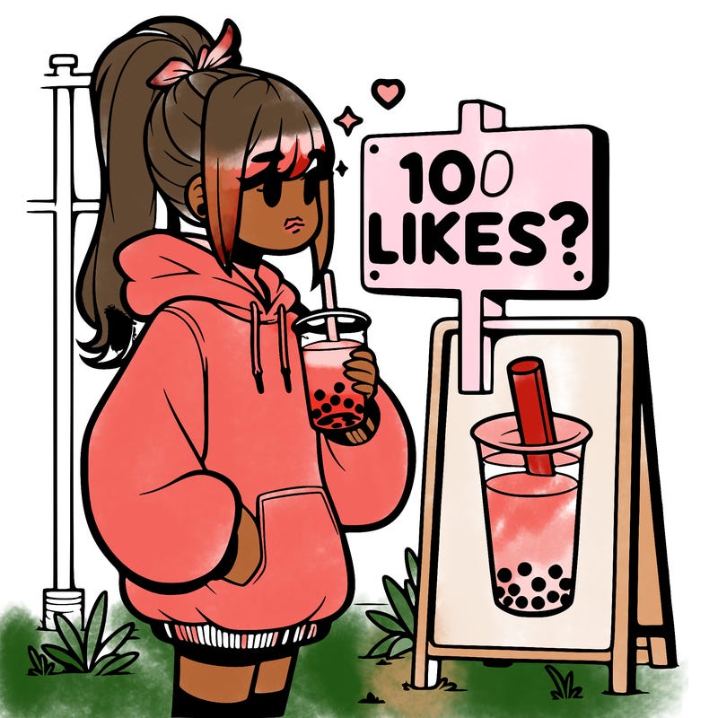 girl with oversized hoodie drinking boba and she has a high ponytail with a sign that says 10likes?