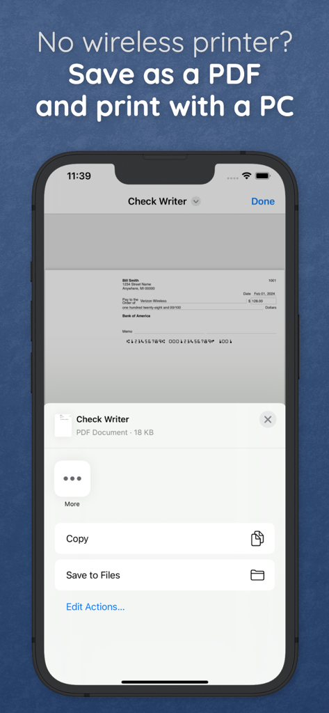 Check Writer: Print Checks - An iPhone screen showing how to save a digital check as a PDF file for printing on a computer.