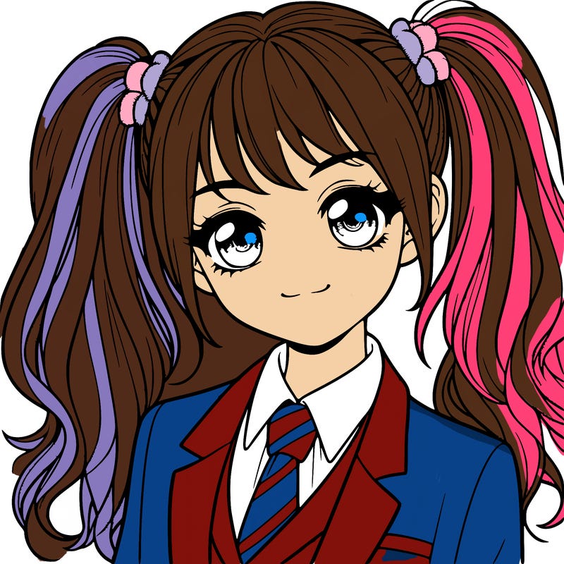 realistic girl with two ponytails and a suit on