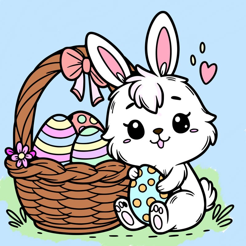 cute easter bunny in a basket with easter eggs