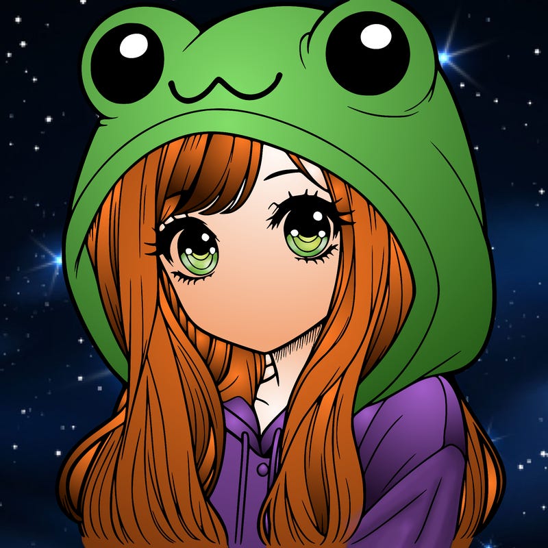 a pretty girl wearing a frog hoodie portrait with long hair