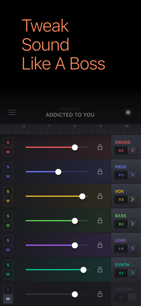 A multi track mixer interface in the Music Making Studio app showing volume sliders for different instruments including drums pads and vocals