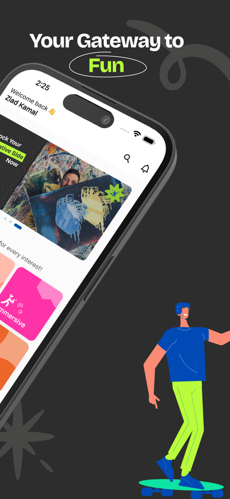 Spark Entertainment - A mobile app interface titled Your Gateway to Fun showcasing creative workshop bookings