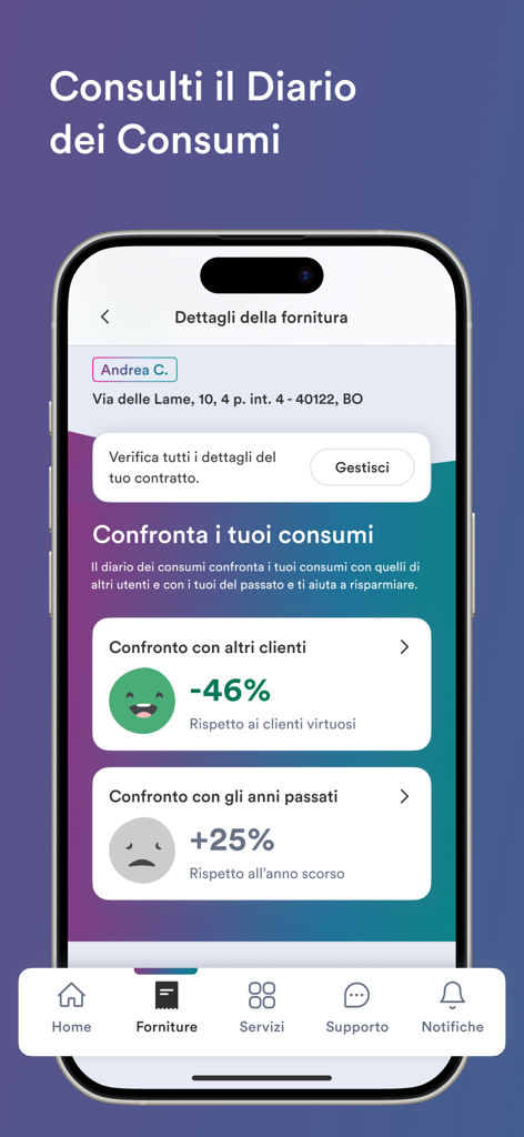 Smartphone screen of the My Hera app showing consumption comparison statistics for utility usage.