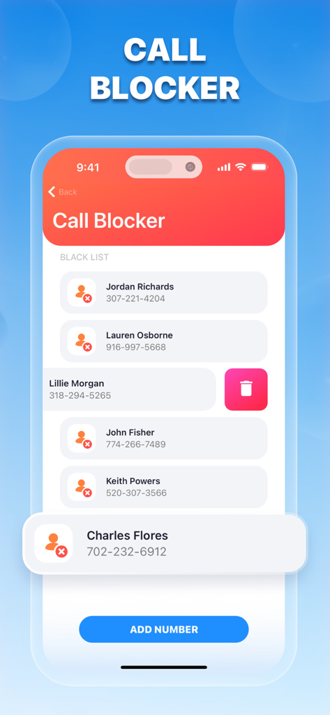 Cleaner AI - Mobile Security - Screenshot of the Call Blocker feature in the Cleaner AI app showing a black list of phone numbers and an add number button