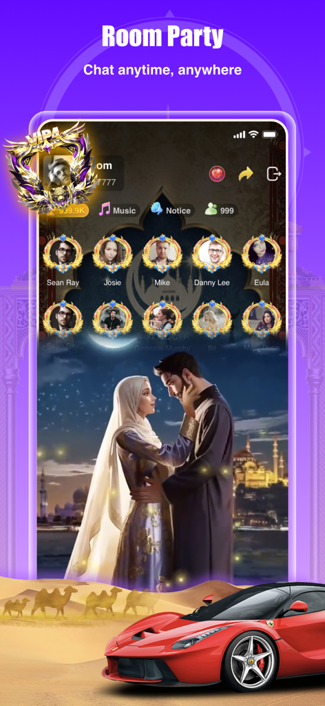 Interfaz de la aplicación Hamster Live que muestra una sala de chat de voz grupal con varios perfiles de usuario y un regalo de coche de lujo.