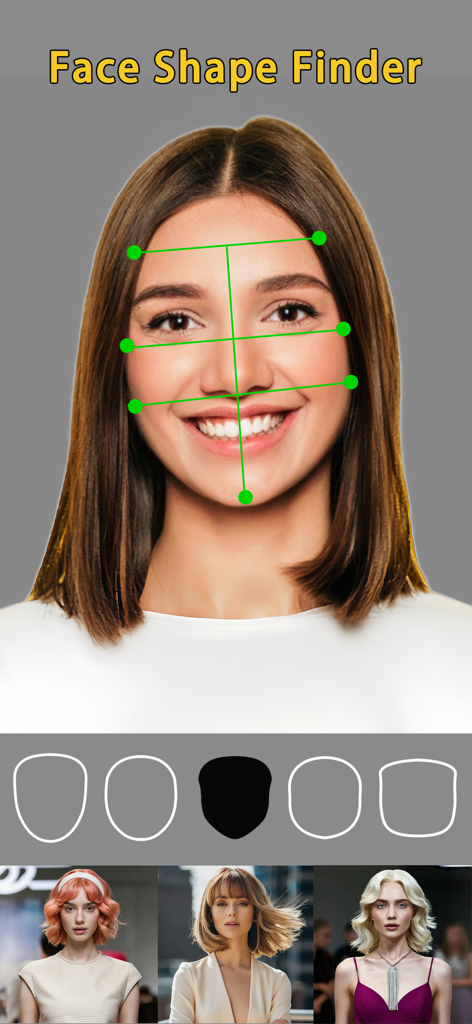 Hair AI: Hairstyle Try-On - A woman's face being analyzed by the Hair AI app's Face Shape Finder tool with green tracking markers.