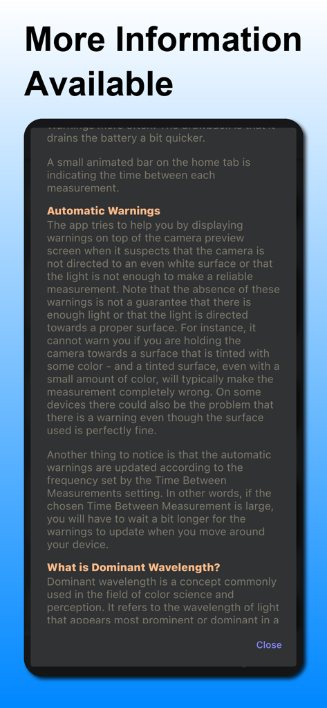 Página de información técnica y advertencias automáticas en la aplicación Espectrómetro de Luz Longitud de Onda