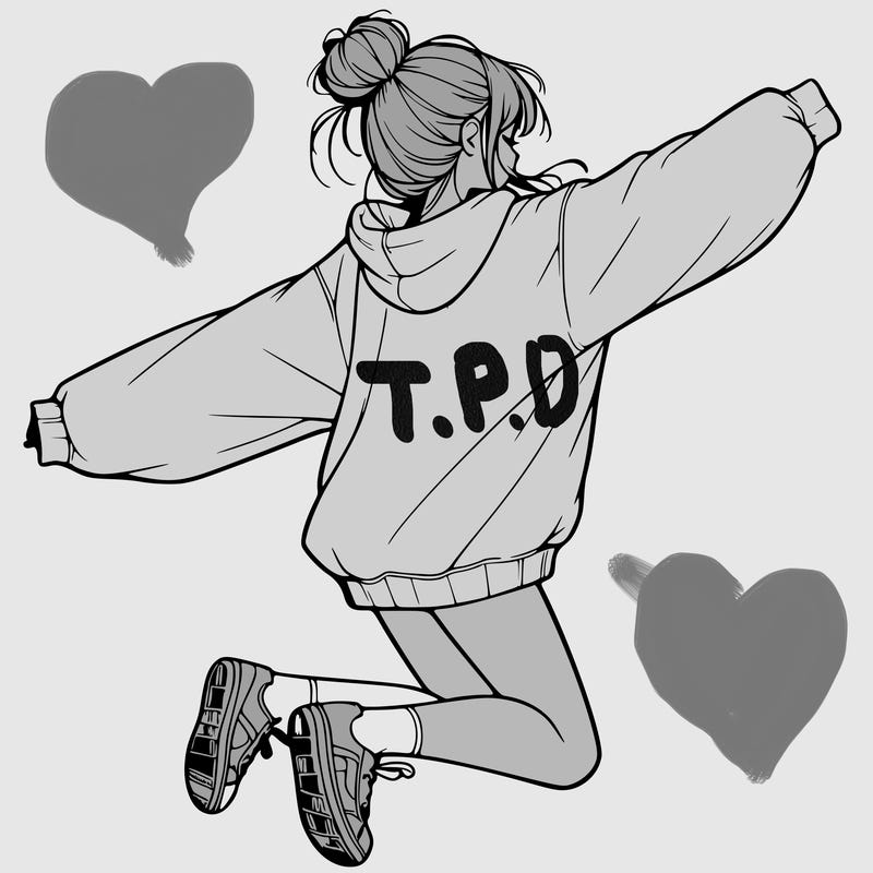 realistic girl jumping with a bun and oversized sweatshirt