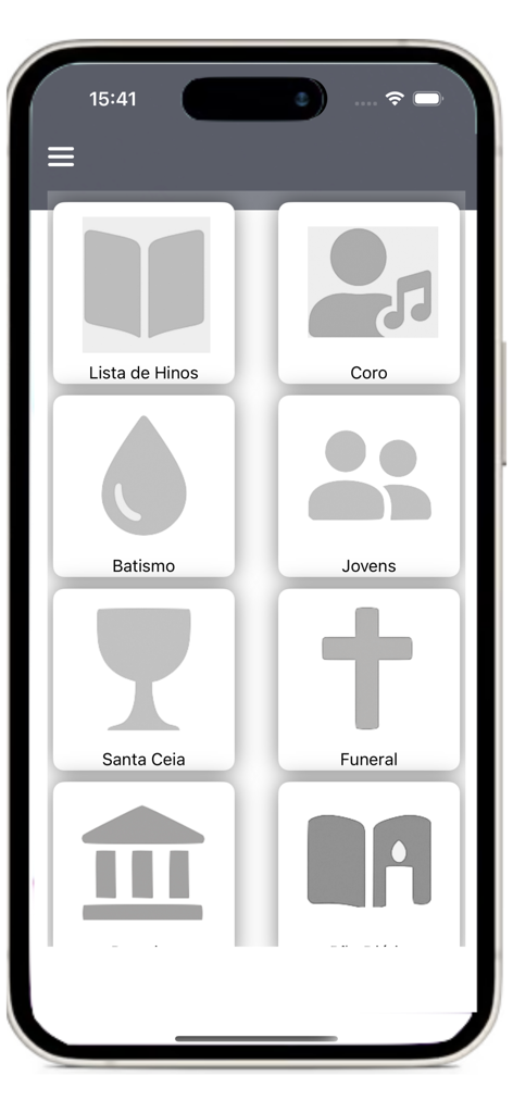 Hinário CCB Nº 05 - The main menu of the Hinário CCB Nº 05 app displaying categories such as Hymn List, Choir, Baptism, and Youth.