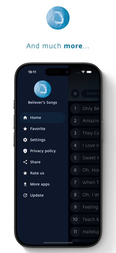 Side navigation menu of the Only Believe app showing home and favorites options