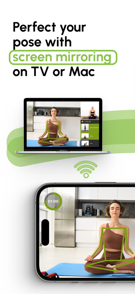 MirrorFit－Somatic Yoga Workout - MirrorFit App demonstriert KI-Posen-Erkennung, gespiegelt von einem iPhone auf ein MacBook für Yoga-Training zu Hause