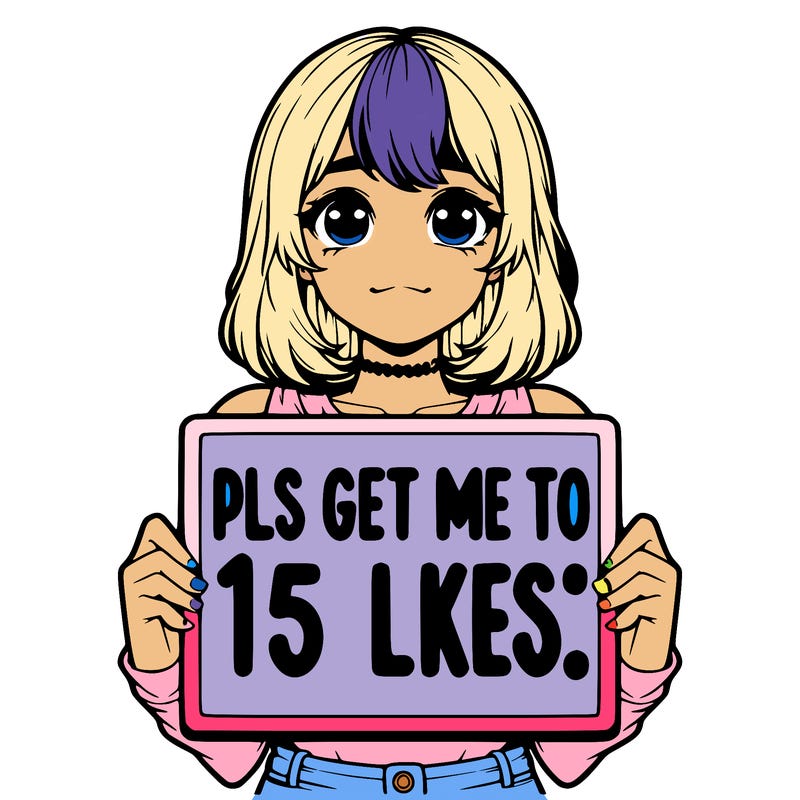 realistic girl holding up a sign that says “pls get me to 15 likes!”