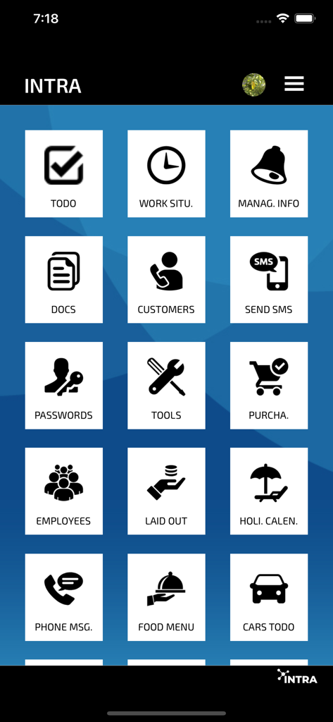 INTRA - Main menu of the INTRA app displaying a grid of business management icons including tasks, customers, and communications.