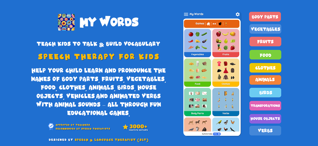 Overview of My Words speech therapy app showing various learning categories and real world images for kids