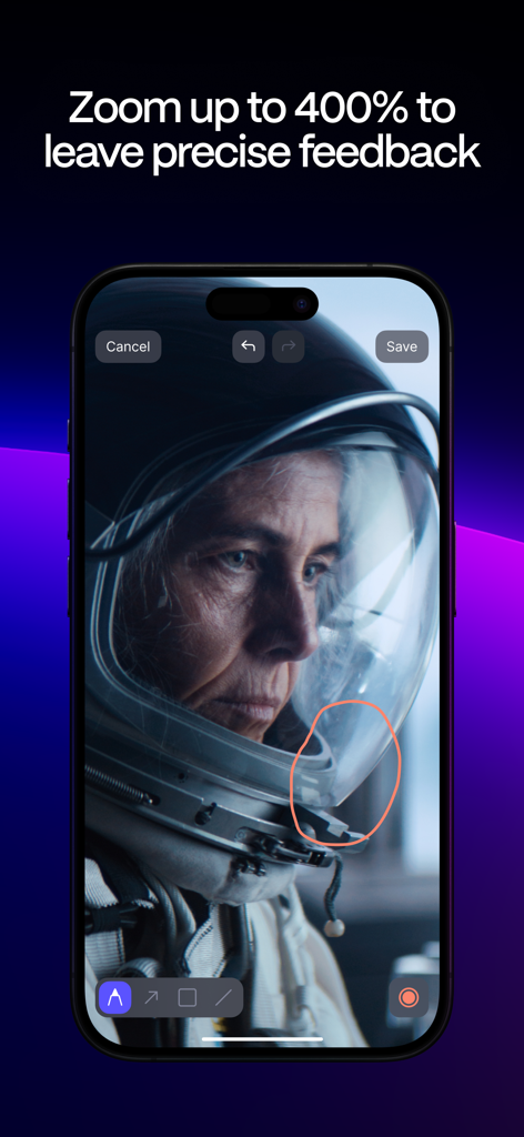 Frame.io mobile app interface showing video zoom and drawing tools for precise feedback on a video frame.