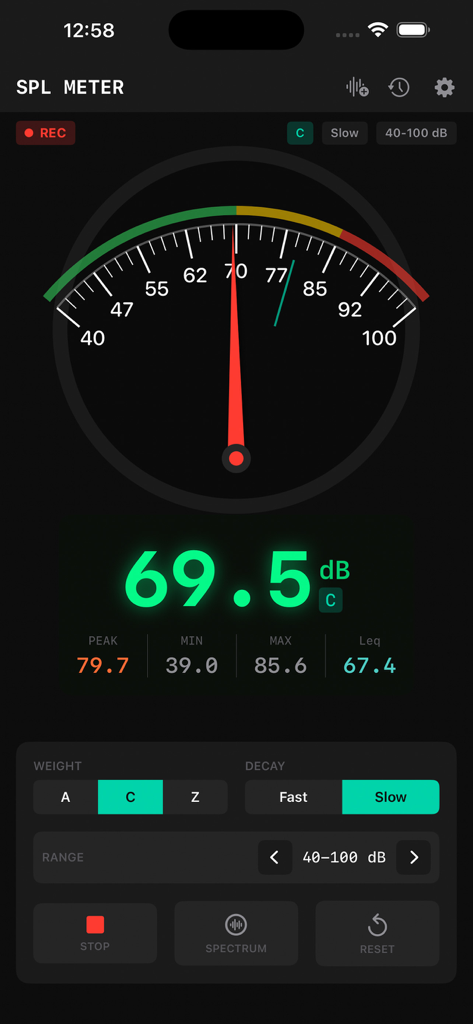 SPL Meter app interface with analog needle and digital decibel reading