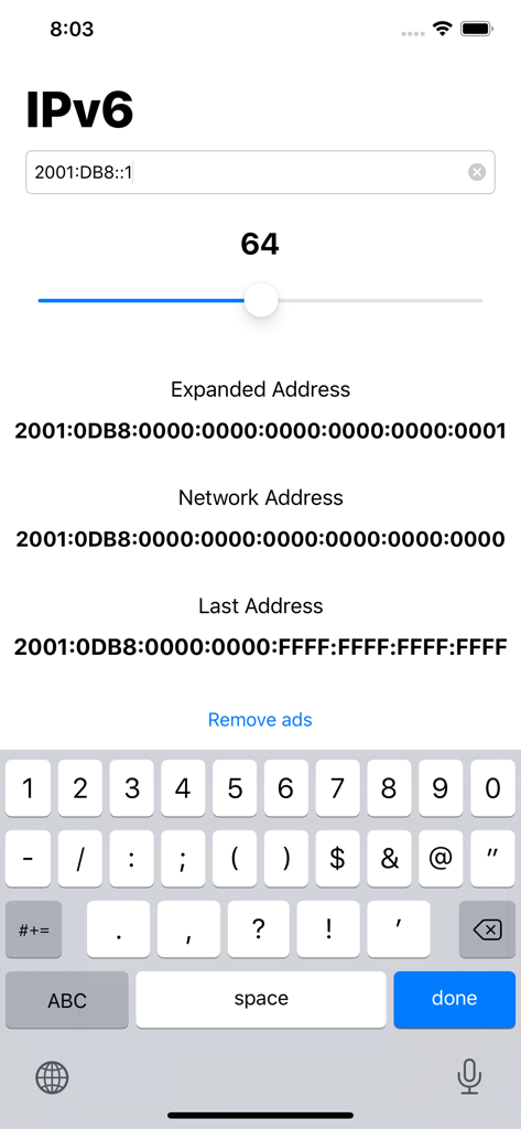 IP Subnet Calc - IP 서브넷 계산기 앱의 스크린샷으로 IPv6 주소 계산 및 네트워크 세부 정보를 보여줍니다.
