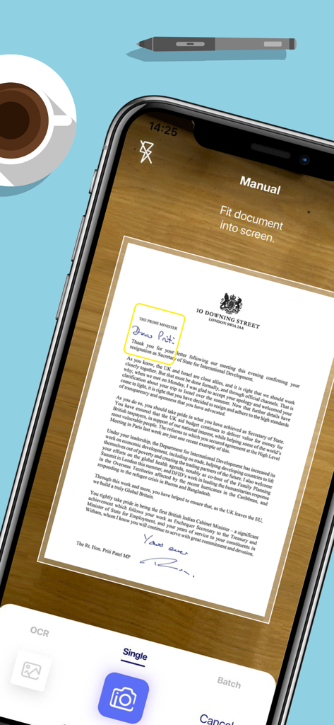 A smartphone using the Camera Scanner app to scan a professional document on a wooden surface