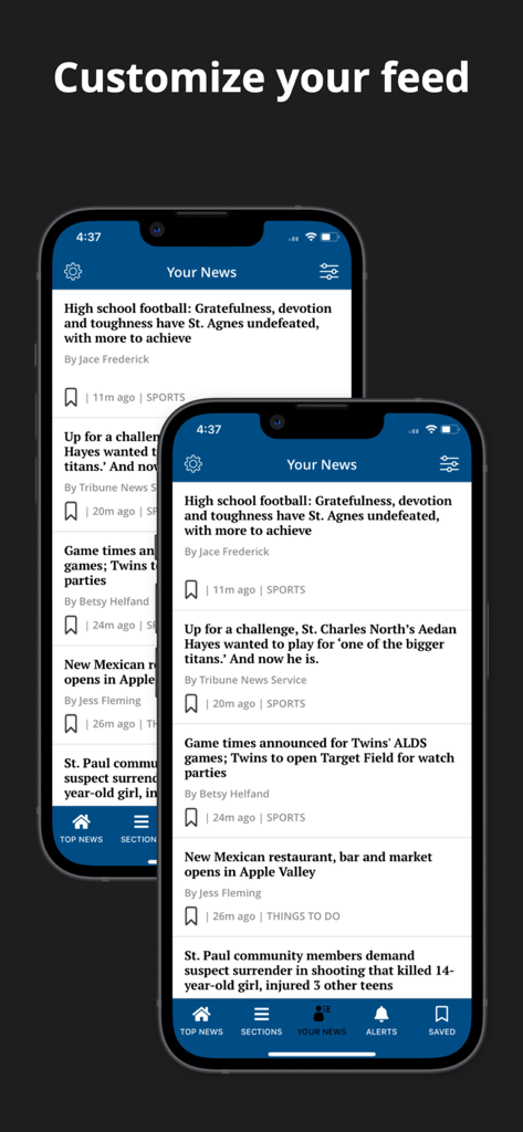 Personalized local news feed and customization options in the St Paul Pioneer Press mobile app