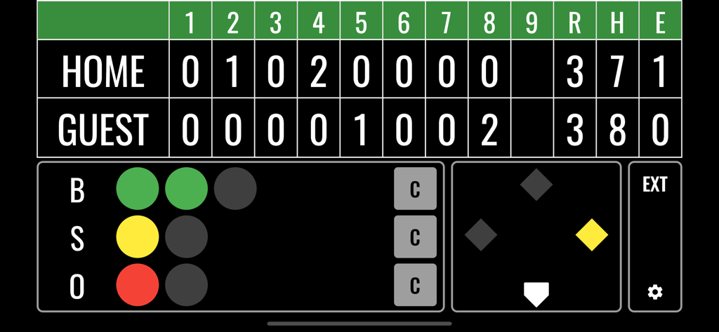Easy Baseball Scoreboard - Interface of Easy Baseball Scoreboard app showing home and guest scores per inning with ball strike and out counters