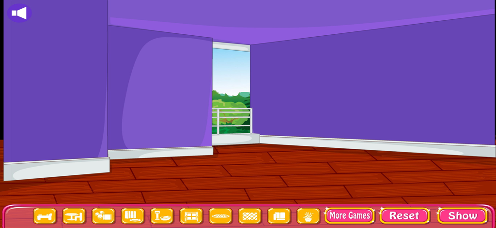 Decorate the House - Empty virtual room with purple walls and a furniture menu in the Decorate the House app