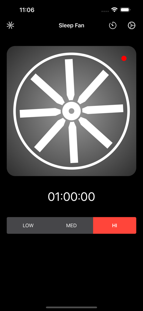 BedTime Sleep Fan Sounds - Interface of the BedTime Sleep Fan Sounds app showing a spinning fan animation and a one hour sleep timer on a dark background