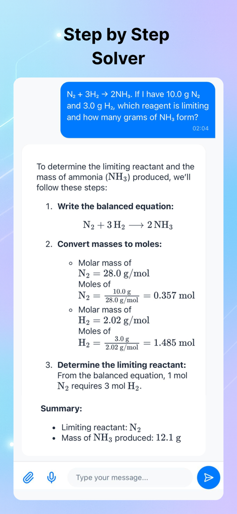 Study AI: Your Smart Companion - Study AI App-Oberfläche, die eine Schritt-für-Schritt-Lösung für ein Chemieproblem zeigt