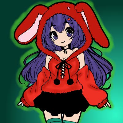 pretty anime girl wearing a fluffy hoodie with bunny ears on the hood and a skirt